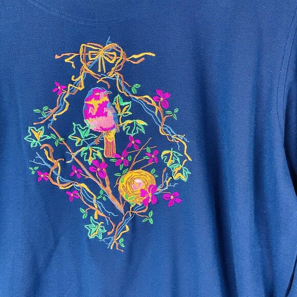 Kavio Designs Womans 2X Plus Blouse Embroidered Birds Blue Top Long Sleeve VTG - Picture 4 of 9